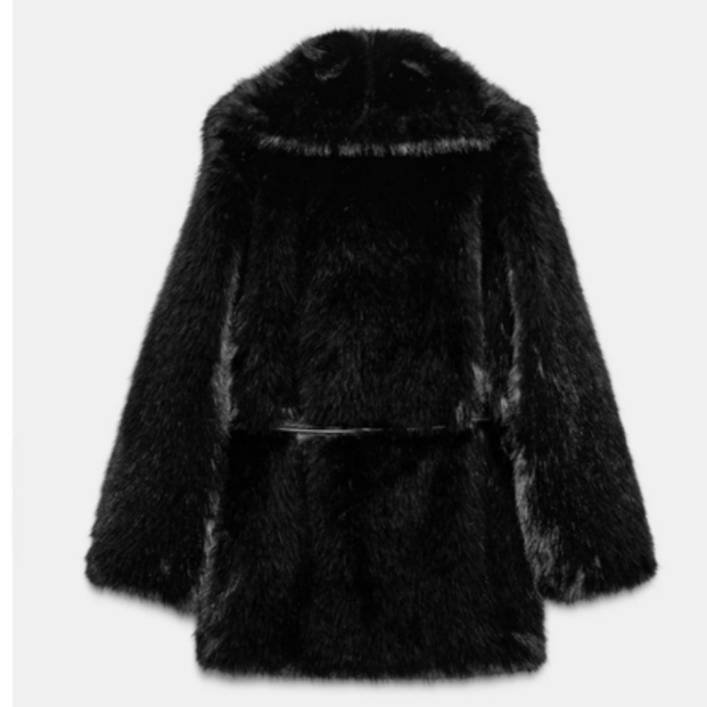 Zara FAUX FUR COAT WITH BELT BLACK - Picture 15 of 16